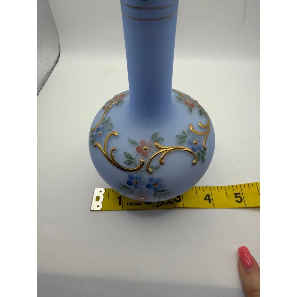Vintage Frosted Blue Satin Glass Decanter Hand Painted Floral Gold Gilt 8.5